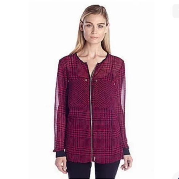 MICHAEL KORS Pink & Black Zipper Front Hounds-Tooth Print Blouse SZ L - Picture 1 of 12